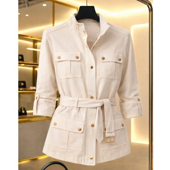 NWT White House Black Market Casual Denim Blush Pastel Color Belted Jacket - Picture 2 of 14